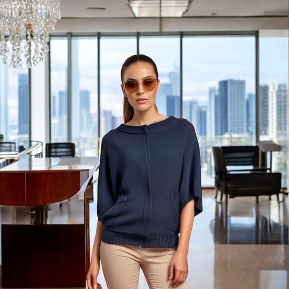 Women Sweater Navy Blue Rayon Blend Short Sleeve  Cardigan Button Front Sweater - Picture 1 of 6